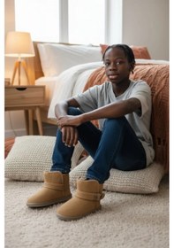 Resim Çocuk Tam Ortopedik Süet İçi Kürklü Cırtlı Kreş Anaokulu Ev Panduf Bot Camel 