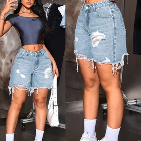 Resim Kadınlar için Rahat Yırtık Kot Şortlar - Konforlu Esnek Olmayan Kumaş, Bahar/Yaz Stili, Arka Bel Esnekliği, Moda Açık Mavi Kotlar, Günlük Giyim|Moda Şortlar|Yırtık Kenar Detayı 