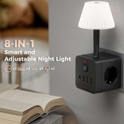 Resim Ev, yatak odası, ofis ve yurt için 220-240V güç kaynağına sahip, masa lambalı, aşırı akım korumalı, 3 AC soketi, 3 USB portu ve 1 Type-C portu bulunan 8-in-1 Avrupa standart priz, dikdörtgen şekliyle. 