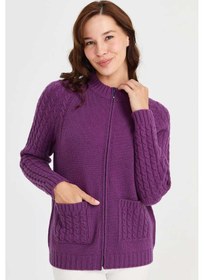 Resim Desen Triko Kadın Dik Yaka Cebi Ve Kolu Saç Örgü Yün Hırka 23203 A.mor Mor 