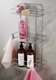Resim Sas Haus 3 Katlı Krom Yapışkanlı Banyo Rafı, 2 Kancalı Şampuanlık Düzenleyici, Paslanmaz Metal Banyo Askısı 