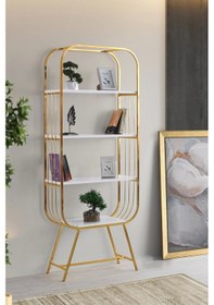 Resim Dekoratif Büyük Duvar Rafı Kitaplık 4 Katlı Gold-Beyaz Kurulu Gönderilir 