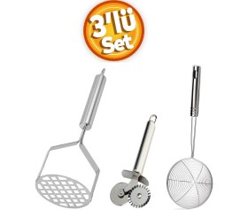 Resim Zuzu Made Paslanmaz Çelik Kızartma Yağ Kevgiri - 26 cm Patates Ezici - Çiftli Pizza Hamur Kesici Rulet 