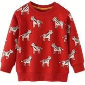 Resim Kızlar için Günlük Uzun Kollu Sweatshirt - Kırmızı Zebra Baskılı Yuvarlak Yaka Rahat Kazak, Sonbahar/Kış İçin Yumuşak ve Sıcak Örgü Üst, Sadece Elde Yıkama 