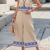 Resim Rastgele Baskılı Yazlık Günlük Tatil İki Parçalı Takım - Kolsuz Üst ve Geniş Paça Pantolon 