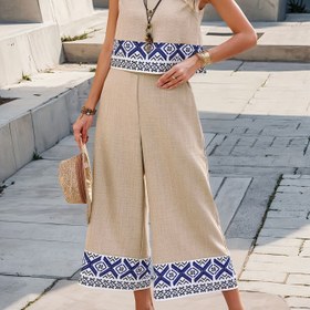 Resim Rastgele Baskılı Yazlık Günlük Tatil İki Parçalı Takım - Kolsuz Üst ve Geniş Paça Pantolon 