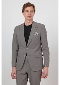 Resim İmza Vizon Kendinden Desenli Mono Yaka 6 Drop Slim Fit Takım Elbise 1001260162 