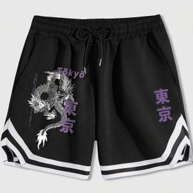 Resim Erkekler Yaz Casual Şort - Japon Etkili Çizgili Karikatür Ejderha Baskısı, Çizgili Bel, Polyester, Siyah Beyaz ve Mor Vurgular ile, Plaj Giysisi 