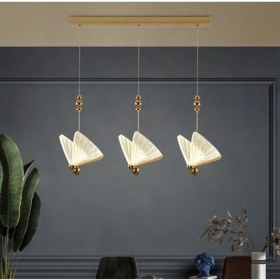 Resim Burenze Elegance Modern Kelebek Tasarım Üçlü Sarkıt LED Avize Sıralı Yemek Masası Rose Gold Sarı BURENZE810 