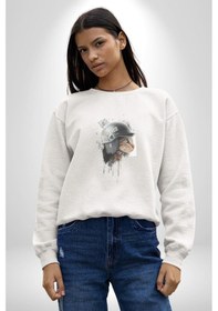 Resim Kaket Polis Kedi Unisex Beyaz Baskılı Sweatshirt Beyaz 