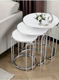 Resim 3' Lü Beyaz Kırılmaz Temperli Cam Nikel Gümüş Ayak Lenka Metal Sehpa Beyaz 