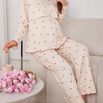 Hamilelik Baskılı Emzirme Uzun Kollu Uzun Pantolon Rahat Pijama Takımı