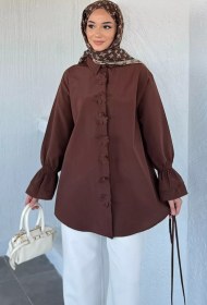 Resim Kadın Bel Bağcıklı Tesettür Gömlek Kahve TZL-P-00021348 