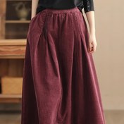 Resim Kadınların Şık Polyester Korduroy Etek - Gündelik Düz Renkli Flared Midi Etek ile Lastik Bel için İlkbahar/Sonbahar 