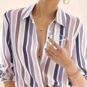 Resim Kadınların Rahat Çizgili Düğmeli Gömlekleri, Polyester 100% Dokuma Kumaşı, Yaka Yaka, Uzun Kollu, Bahar/Yaz/Sonbahar Giyim, 110g/m² Ağırlık 