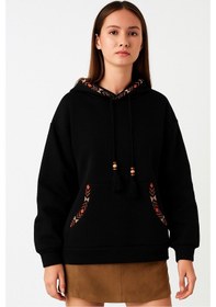 Resim Bigdart Kadın Oversize Kapşonlu Şardonlu Nakışlı Üç İplik Siyah Kadın Sweatshirt SiYAH 