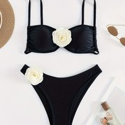 Resim Kadınlar için Şık Kamelya Çiçekli Bikini Takımı - Yüksek Esneklik, Şeffaf Olmayan Naylon & Elastan Karışımı, Omuz Açık Tasarım ve Aplike Detaylı 