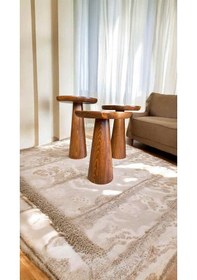 Resim Doğal Açık Ceviz Renkli 3 Lü Ahşap Mantar Yan Sehpa Seti Kahverengi 