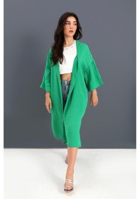 Resim Kimono Arkası Baskılı Püsküllü Keten - Yeşil Çok Renkli 