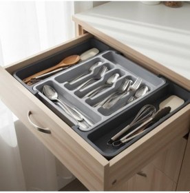 Resim Çift Taraflı Açılır Çekmece İçi Kaşıklık Ve Organizer - Modüler Sürgülü Mutfak Düzenleyici - Açık Gri Ve Renk - Kapalı 31 Cm Açık 52 Cm Abanoz 