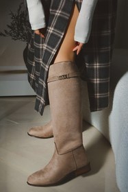 Resim POLKA STORE Daily Düz Tabanlı Tak-Çıkar Kemerli Tokalı Binici Çizme Kadın Ayakkabı Acı Kahverengi 