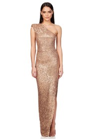 Resim Hanife Glam Couture Tek Omuz Büzgü Detaylı Pulpayet Abiye Elbise Gold 