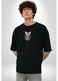 Resim Kulaklık Kedi Siyah Oversize Unisex Ön Orta Minimal Baskılı Tişört Siyah 