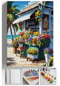 Resim Sayılarla Boyama Çerçeveli Hobi Seti Numaralı Tuval Fırça Boya Dahil Kasnaklı Çiçekçi 40x50 Cm 