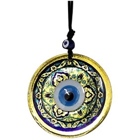 Resim Lale Desenli Nazar Boncuklu Altın Rengi Füzyon Cam El İşçiliği 12x12 Cm Duvar Süsü 