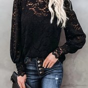 Resim Kadınlar için ilkbahar ve sonbahar için mükemmel, uzun kollu yarı şeffaf üst, çiçek desenli, yüksek bel dantel bluz, şık tasarım, polyester kumaş, ilkbahar moda | Çiçek desenli üst | Polyester bluz 
