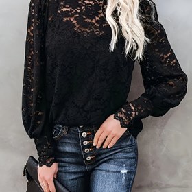 Resim Kadınlar için ilkbahar ve sonbahar için mükemmel, uzun kollu yarı şeffaf üst, çiçek desenli, yüksek bel dantel bluz, şık tasarım, polyester kumaş, ilkbahar moda | Çiçek desenli üst | Polyester bluz 