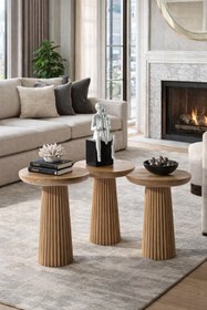 Resim Simillo Home&Living Wood Wooden 3’lü Set Fitilli Mantar Yan Sehpa Modern Tütün Renk Fiskos 