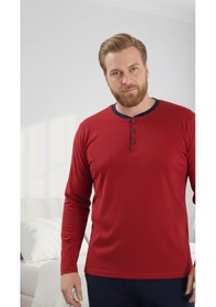 Resim Seamlife Erkek Büyük Beden Bisiklet Yaka 3 Düğmeli Mevsimlik Uzun Kol Pijama Takımı Kırmızı 