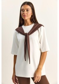 Resim Shade Kadın Şal Detaylı Oversize Basic T-shirt 1094 60286118 - Beyaz-kahve Beyaz - Kahverengi 