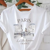 Resim Kadınlar için Paris Grafikli T-Shirt - Dar Kesim Yuvarlak Yaka Kısa Kollu Rahat Üst, Eiffel Kulesi ve "PARİS" Baskısı ile Hafif Yaz ve Bahar Tişörtü, Rahat Giyim için Bayanlar Tişörtleri 