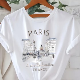 Resim Kadınlar için Paris Grafikli T-Shirt - Dar Kesim Yuvarlak Yaka Kısa Kollu Rahat Üst, Eiffel Kulesi ve "PARİS" Baskısı ile Hafif Yaz ve Bahar Tişörtü, Rahat Giyim için Bayanlar Tişörtleri 