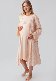 Resim Uzun Kollu Desenli Esnek Pamuklu Hamile Sabahlık Gecelik Takım 18400 - Somon / XL 