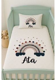 Resim %100 Pamuk İsme Özel İsimli 100x150 Cm Pike Seti Puantiyeli Gökkuşağı 