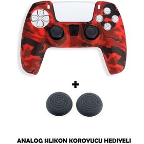 Resim Ps5 Dualsense Uyumlu Kamuflaj Desenli Koruyucu Silikon Kılıf + Analog Silikon Koruyucu Kırmızı Kamuflaj 