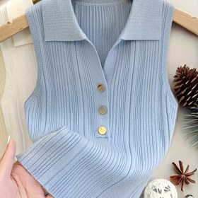 Resim 2025 Kadınlar için Fransız ilhamlı kolsuz yelek - Dar kesim, polo yaka, kabartılı dokulu, koyu mavi, katmanlı veya tek başına giyilebilen outfitler için mükemmel, çok yönlü moda üstü, şık kolsuz tasarım, kaliteli üretim 