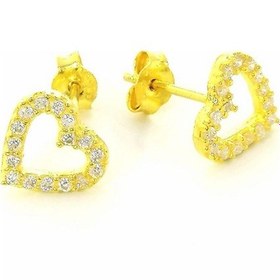 Resim Omar Silver Kadın Gold Altın Kalp Model Zirkon Taşlı Gümüş Küpe O 