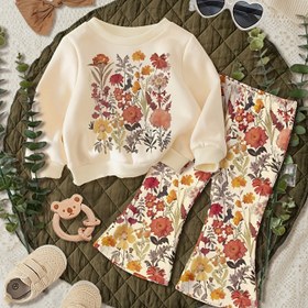 Resim Sonbahar ve Kış Çiçek Desenli Kız Çocuk Sweatshirt ve Uzun Pantolon Takımı, Bell Bottom İki Parça Kombin, Günlük Yuvarlak Yaka Kapüşonlu Hoodie ve Pantolon Takımı, Dış Mekan için Mükemmel 