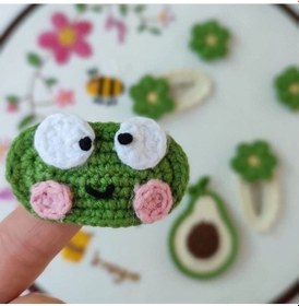 Resim 2'li Örgü Amigurumi Kurbağa Çıtçıtlı Kız Çocuk Toka Seti Yeşil2 T Çok Renkli 