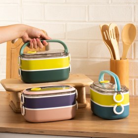 Resim 66729 Stainless Steel Vakumlu Lunch Box Iki Katlı Paslanmaz Çelik Kolay Kilitlenir Kendinden Kaşıklı Sefer Tası – 1300ML Mavi-Sarı 