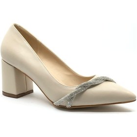 Resim Mehtap Burgu Taş Dekolteli Kalın Topuk Kadın Topuklu Ayakkabı Sitiletto Bej 