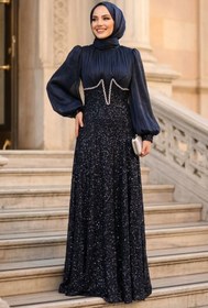 Resim N.S NEVA STYLE Boncuk İşlemeli Lacivert Tesettür Abiye Elbise 70171L 