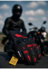 Resim Kırmızı Siyah Deri Motosiklet Eldiveni 