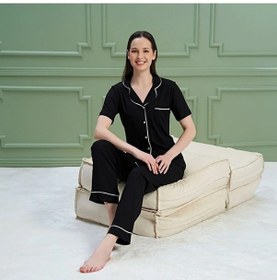 Resim Over Sleep By Poleren Kadın Pijama Takımı Kısa Kollu Modal Önden Düğmeli Gömlek Yaka Siyah 
