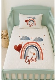 Resim %100 Pamuk İsme Özel İsimli 100x150 Cm Pike Seti Kırmızı Kalpli Gökkuşağı 