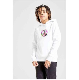 Resim Peace Sign Baskılı Unisex Çocuk Kapüşonlu Beyaz Sweatshirt 